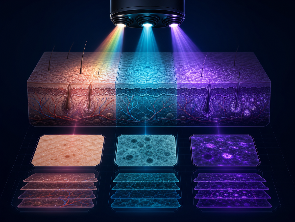 Triple-spectral array using natural, cross-polarized, and UV light